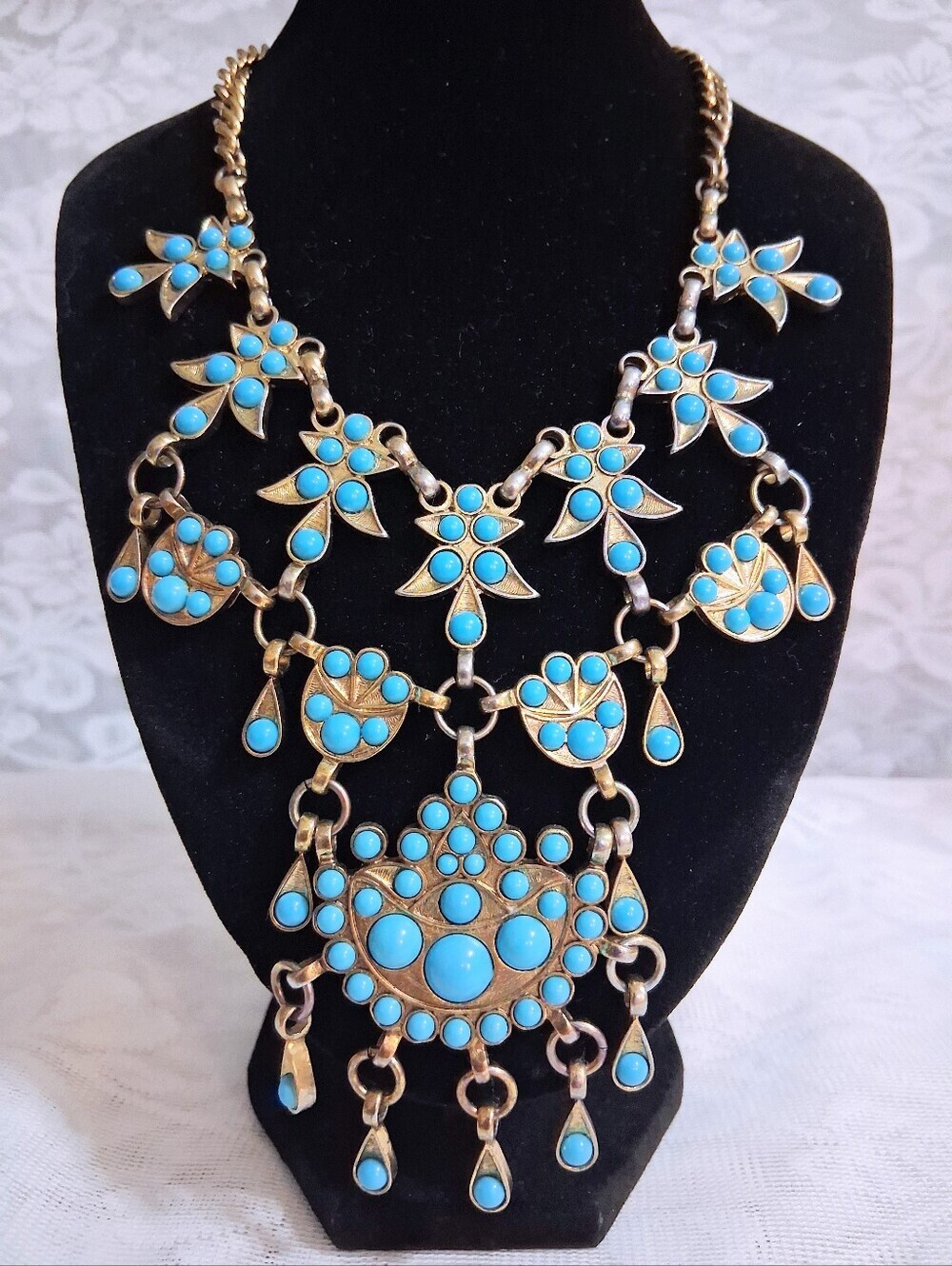 Extraordinary Ethnic Statement Necklace Turquoise Color Blooms